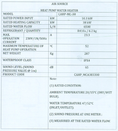 Air to Heat Water Heater CAHP - MC38 Series2